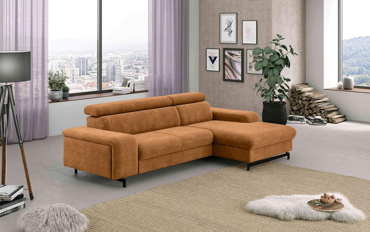Ecksofa mit Bettkasten Emma Cognac 267x165 cm - Cognac/Schwarz, Textil (267/165cm) - MID.YOU