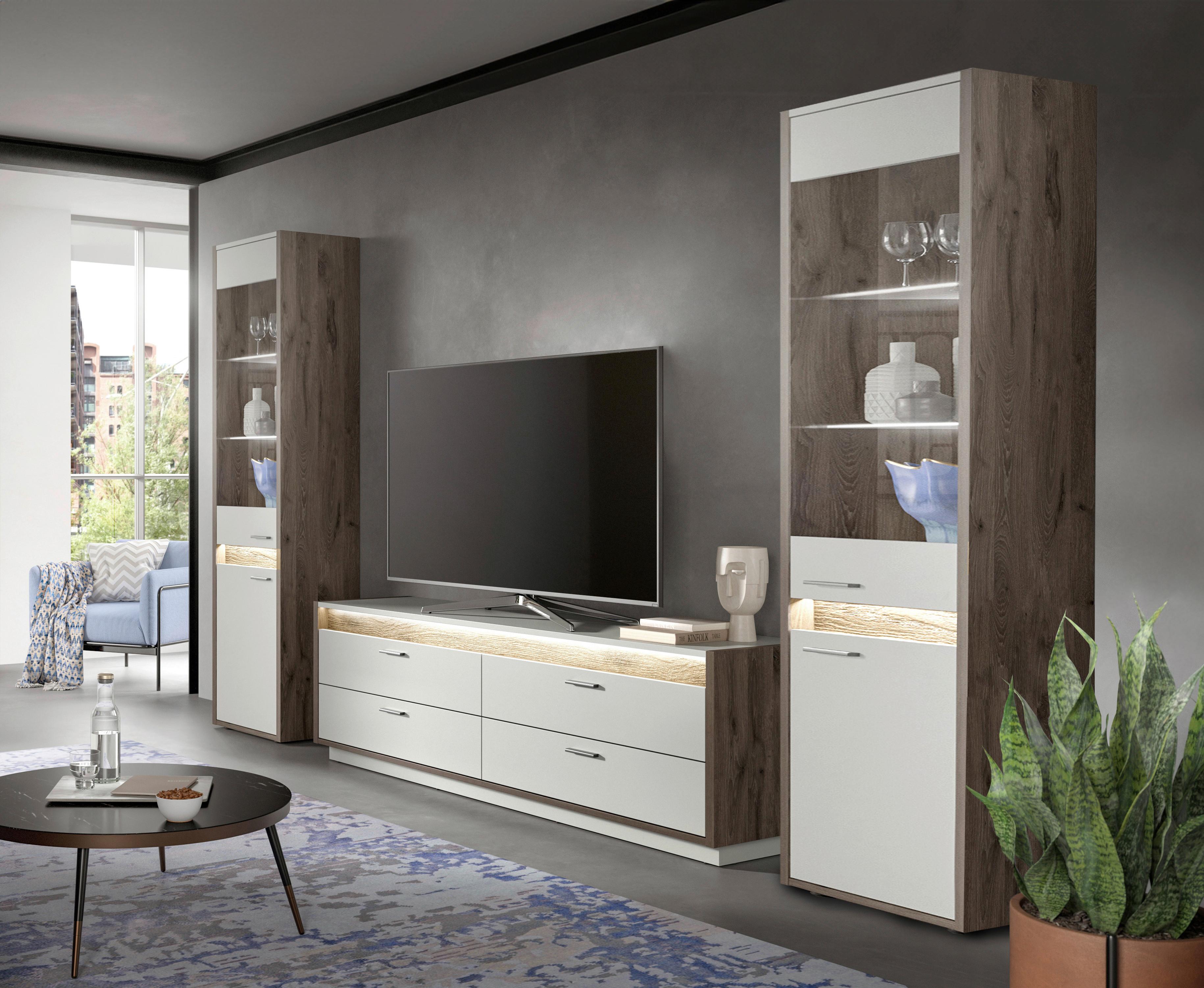 Wohnwand Hellgrau Nb, Nox Oak Dekor - Hellgrau, Design, Glas/Holzwerkstoff (319/198/43cm) - MID.YOU