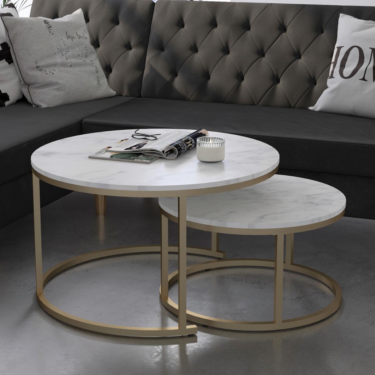 Satztisch Amelia Weiß B: 80 cm - Goldfarben/Weiß, Design, Holzwerkstoff/Metall (80/80/45cm) - MID.YOU