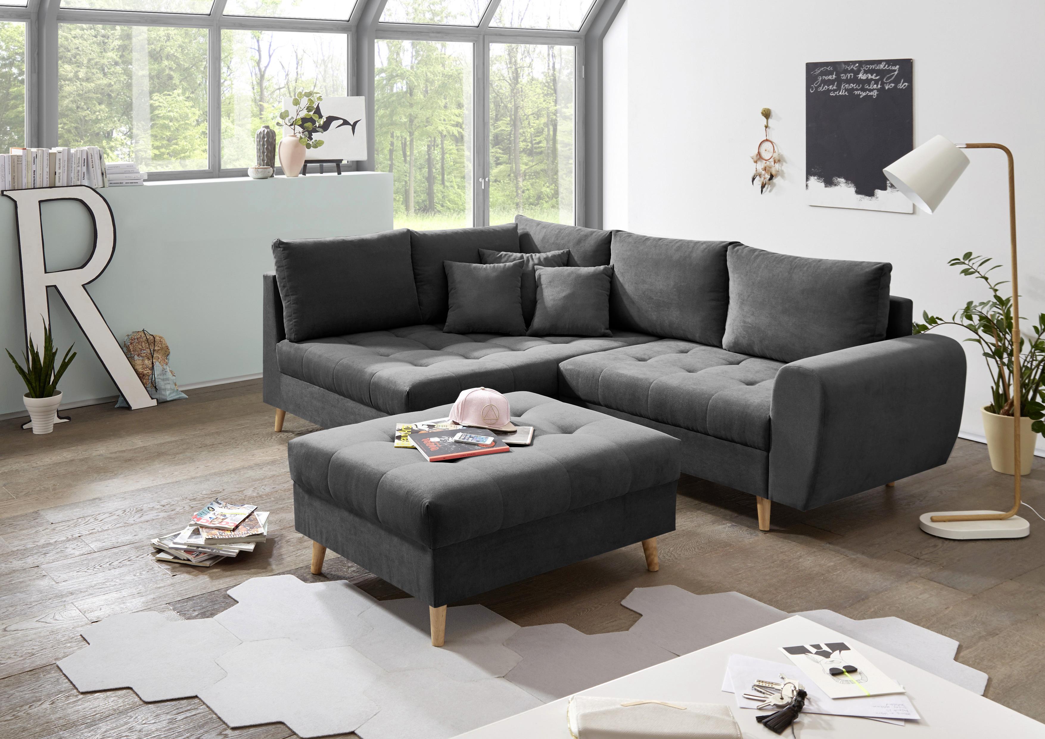 Polsterhocker Alice Anthrazit Webstoff H: 48 cm Holzbeine - Anthrazit/Kieferfarben, KONVENTIONELL, Holzwerkstoff/Textil (106/48/80cm) - MID.YOU