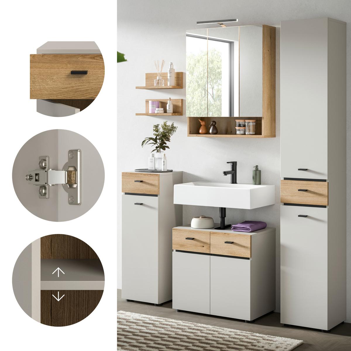 Badezimmer Aqua Kaschmir/Eichefarben B: 124cm - Kaschmir/Eichefarben, Trend, Glas/Holzwerkstoff (124cm) - MID.YOU