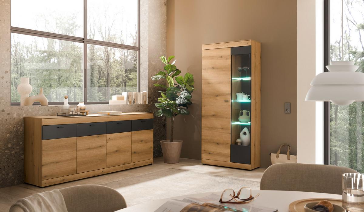 Sideboard Soleto Graphit-/Eichefarben B: 200cm - Eichefarben/Schwarz, Design, Holzwerkstoff (200/87/42cm) - MID.YOU