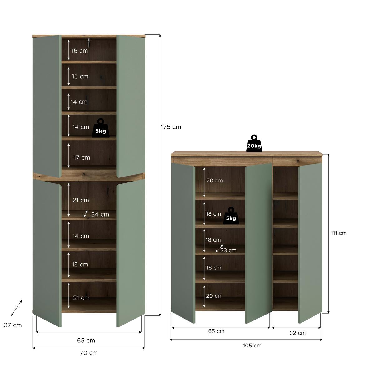 Garderobenschrank Scarpa Eiche Dekor, Graugrün B: 140cm - Eichefarben/Schwarz, Design, Holzwerkstoff (190/175/37cm) - Livetastic