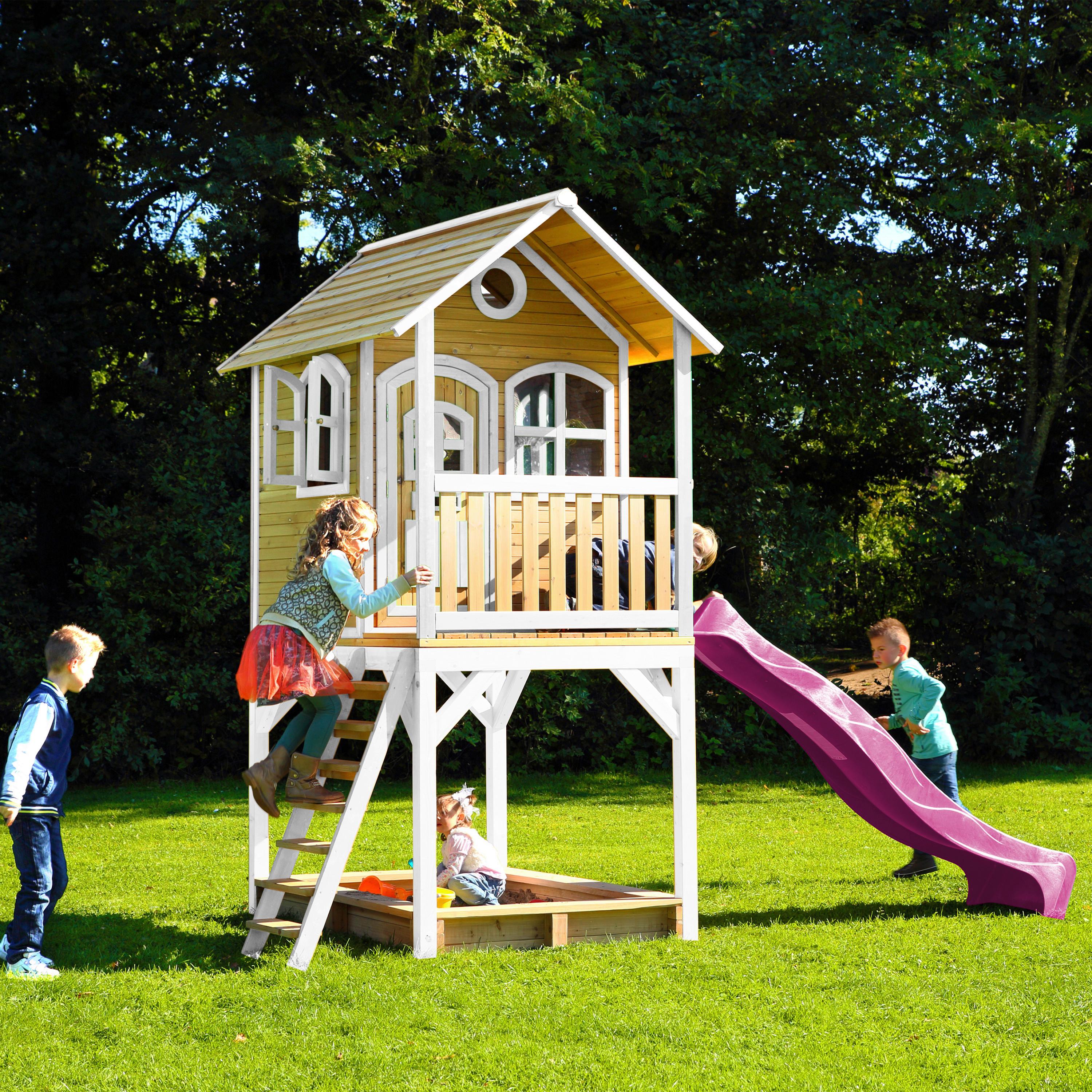 Spielhaus Sarah Braun/lila/weiß B: 370 Cm - Lila/Braun, KONVENTIONELL, Holz/Kunststoff (370/291/191cm) - Ambia Garden