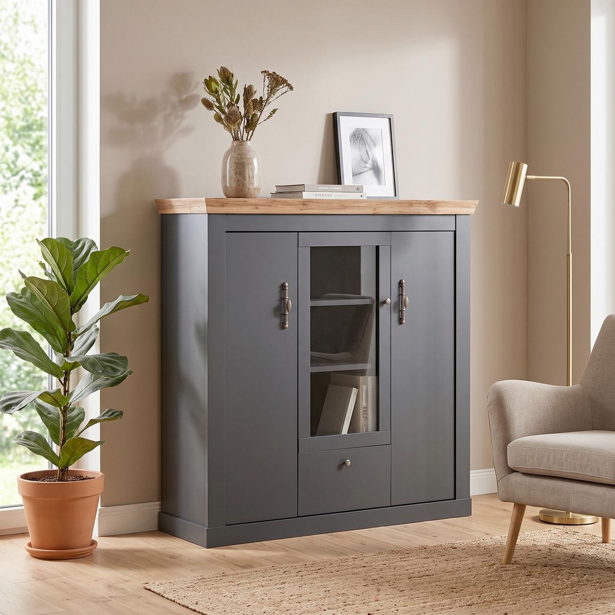 Highboard Catania Anthrazit/Eiche Dekor B: 141cm - Anthrazit/Eiche Wotan, Design, Holzwerkstoff (141/146/45cm) - MID.YOU