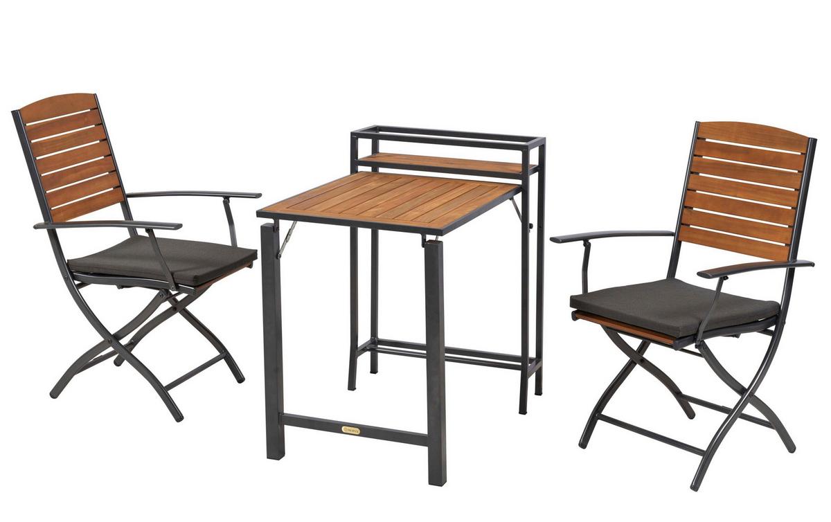 Gartentischgruppe 3tlg. Set - Graphitfarben/Naturfarben, KONVENTIONELL, Holz/Textil - Gardenson