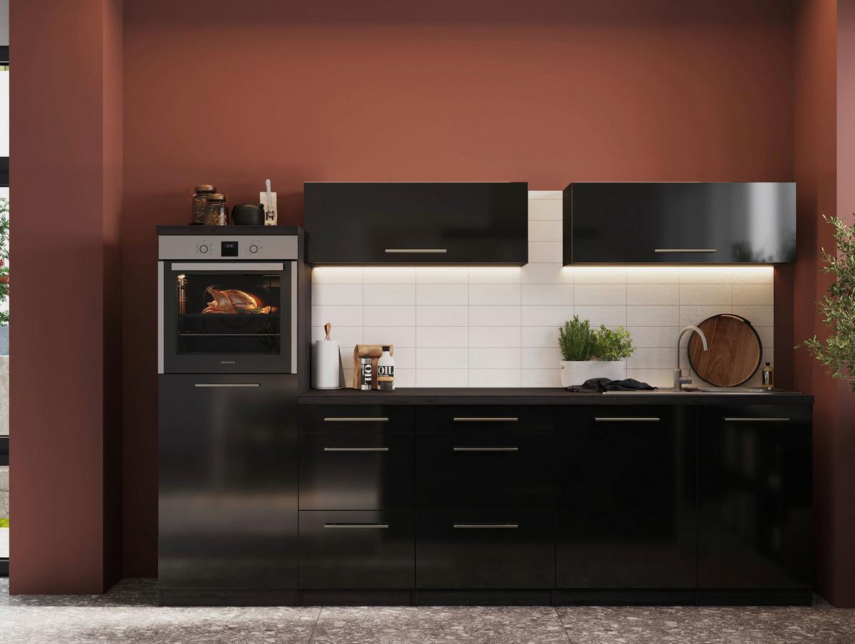 Küchenzeile Premium mit Geräte 280 cm Grau/Schwarz +kochinsel - Eichefarben/Schwarz, Basics, Holzwerkstoff (280/160cm) - Respekta