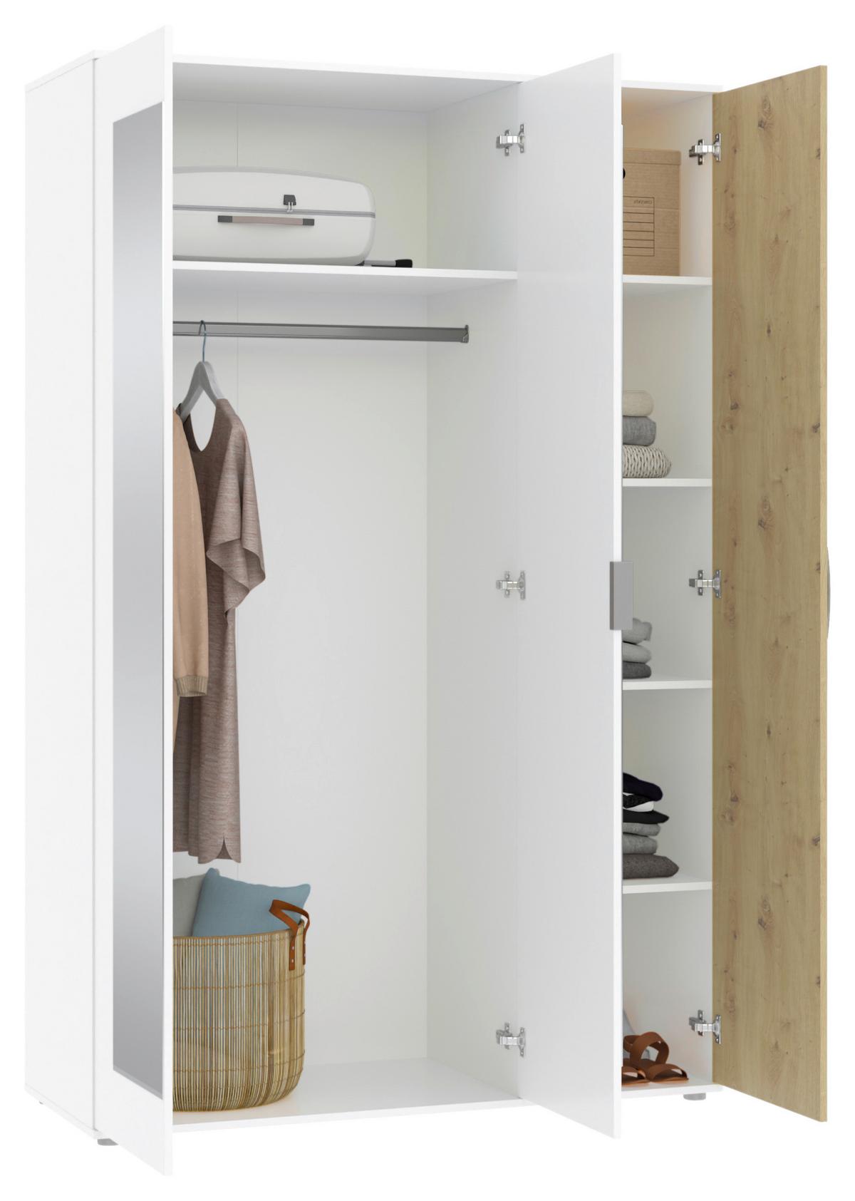 Kleiderschrank Jan Weiß, Eiche Artisan Dekor, B:135 cm - Weiß/Eiche Artisan, Trend, Glas/Holzwerkstoff (135/210/52cm)
