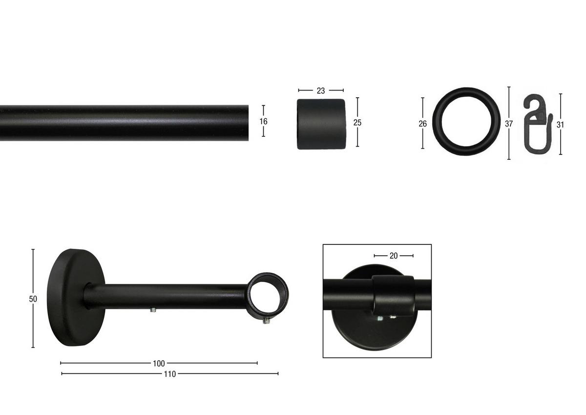 Vorhangstange Schwarz, 140 cm - Schwarz, KONVENTIONELL, Metall (140cm)