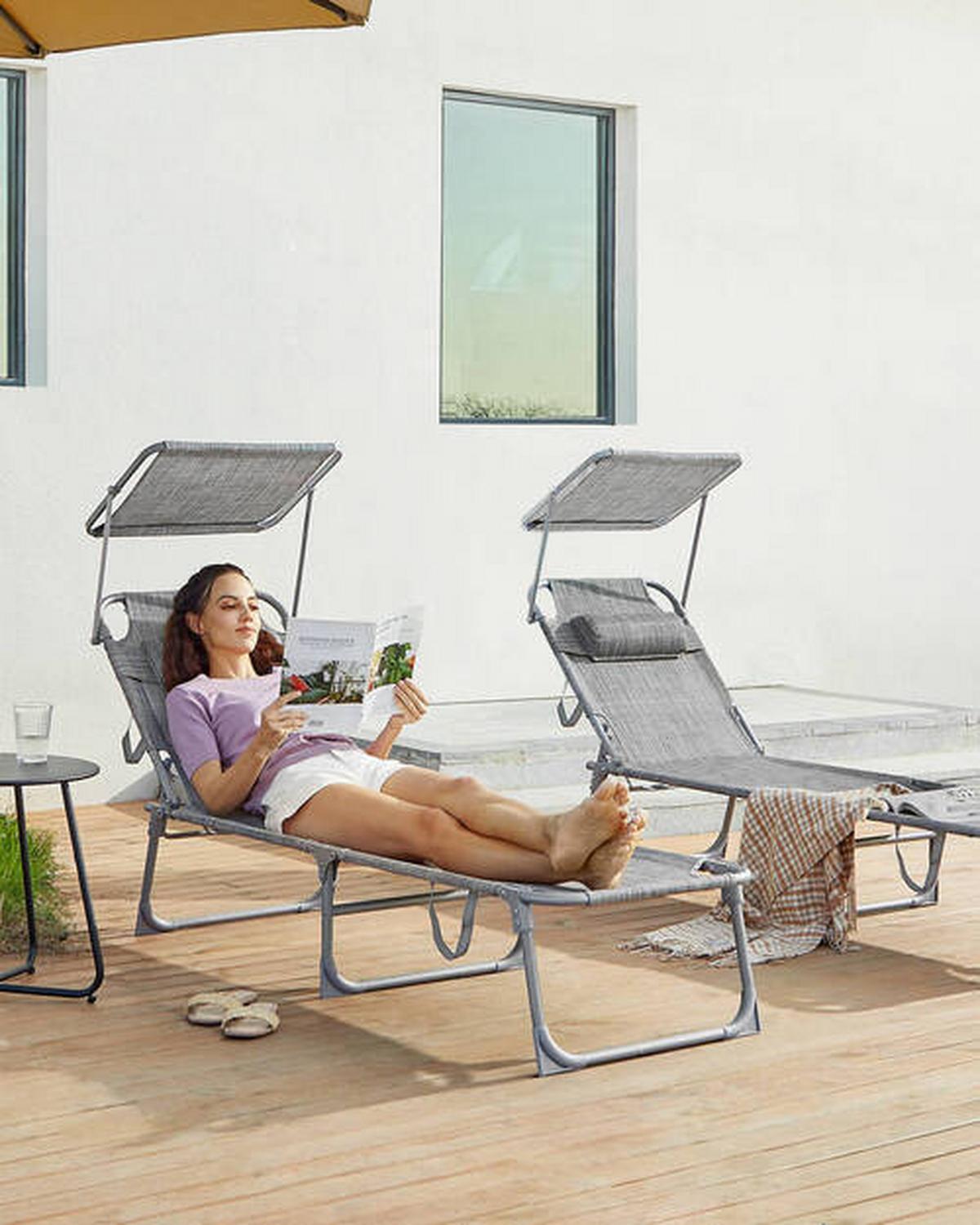 Sonnenliege Grau, Hellgrau inkl. Sonnendach, B: 53 cm - Hellgrau/Grau, Basics, Textil/Metall (53/29.5/193cm) - Modante