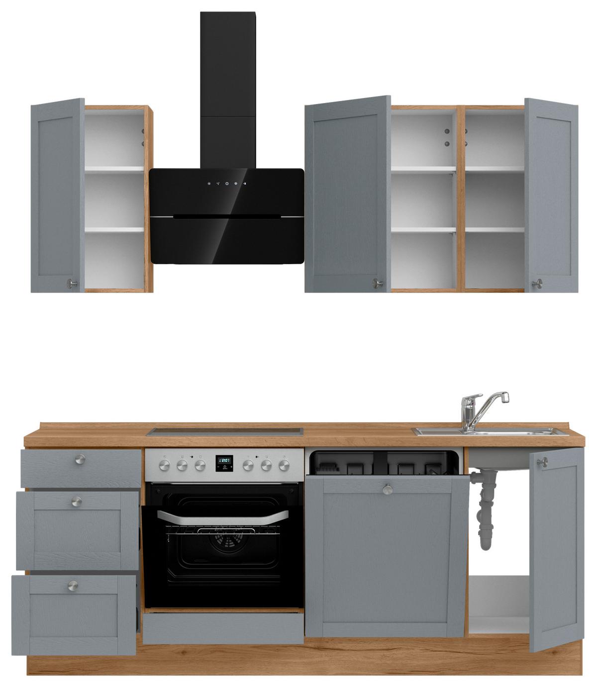 Kuchyňská linka 210 cm, modrošedá / barvy dub - barvy dubu/modrošedá, Romantický / Rustikální, kov/kompozitní dřevo (210cm) - Nobilia