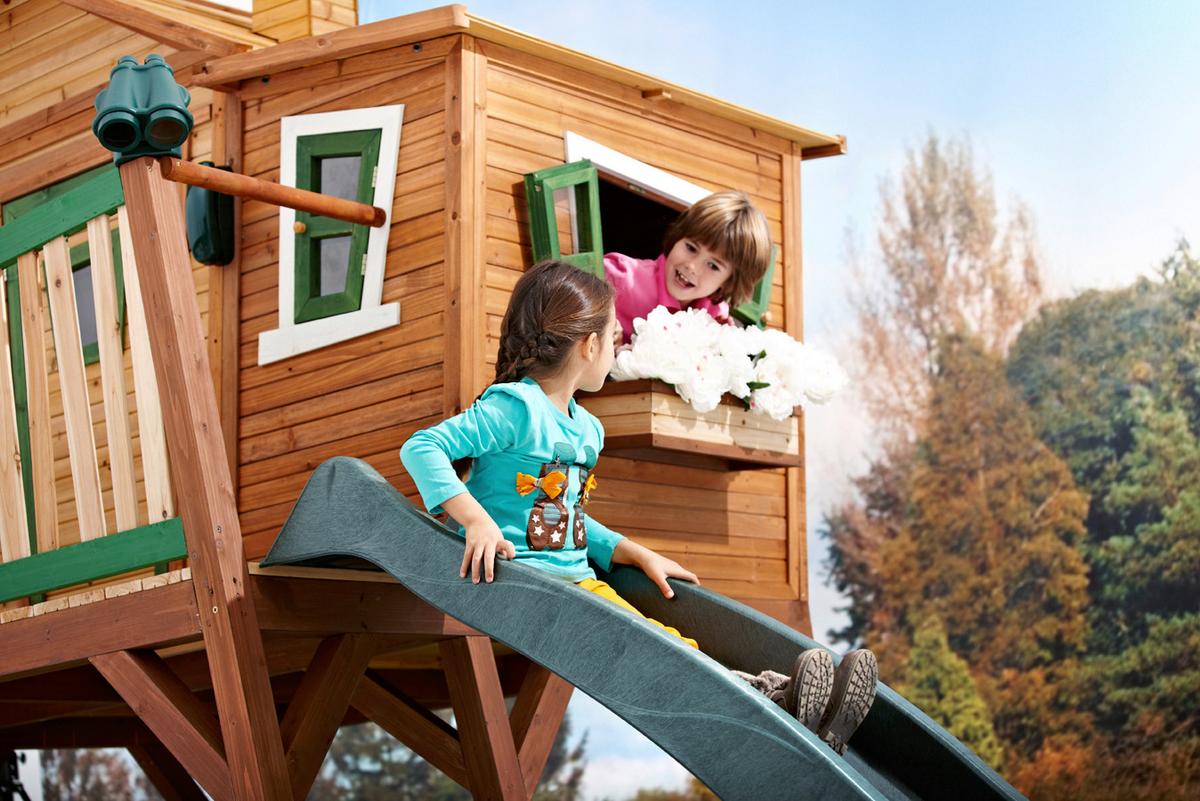 Spielhaus Holz Mit Rutsche Und Kletterwand Braun Grün Max - Braun/Naturfarben, KONVENTIONELL, Holz (435/291/180cm) - Ambia Garden