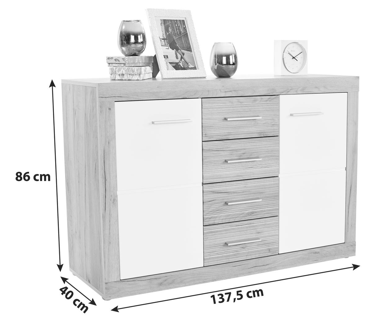 Kommode Xeno, Weiß/Eichefarben BxHxT: 137,5x86x39,9 cm - Eichefarben/Weiß, MODERN, Holzwerkstoff (137,5/86/39,9cm)