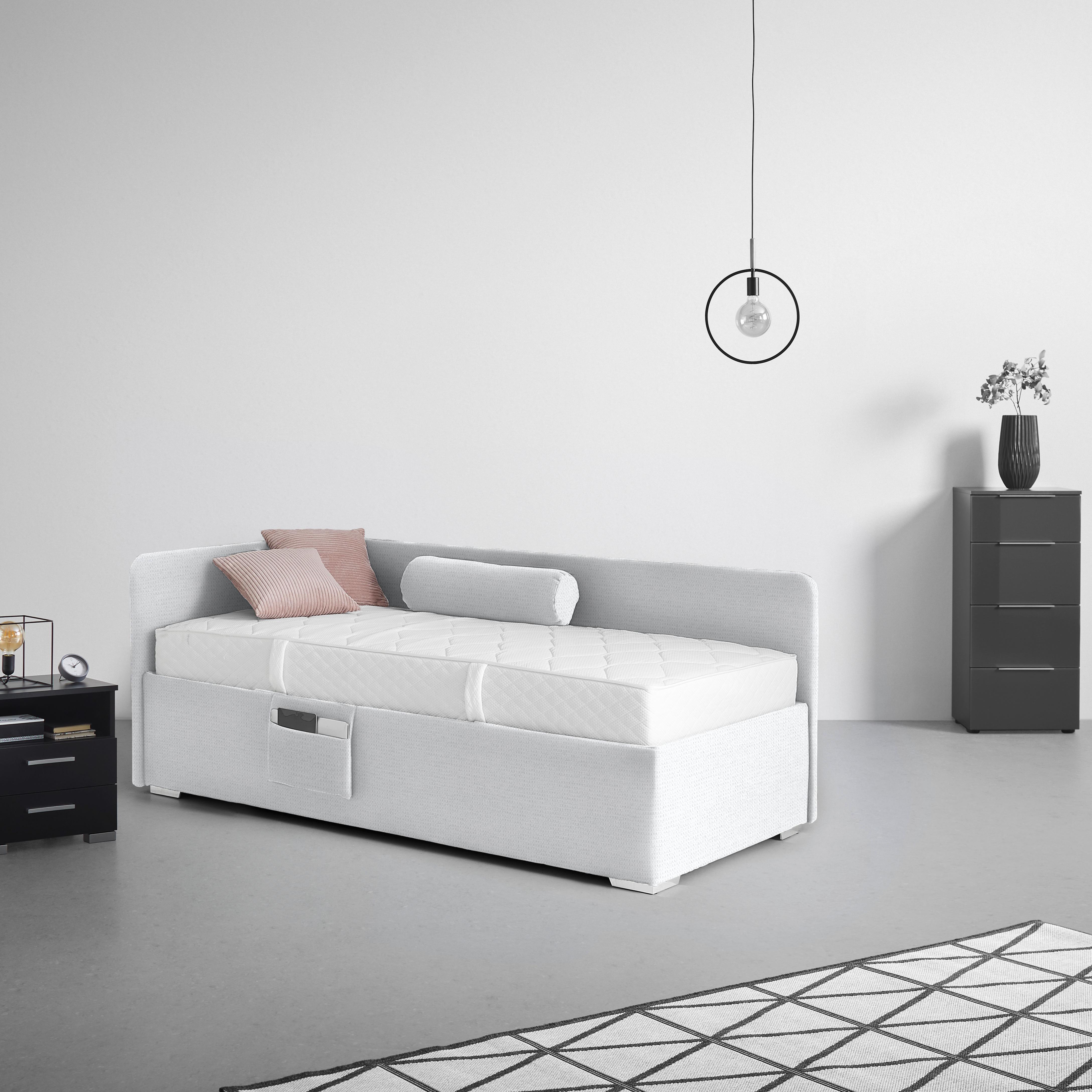 Posteľ Remi s bočnicami 90x200, poťah biely - biela/prírodná farba, Konventionell, drevo/textil (90/200cm)