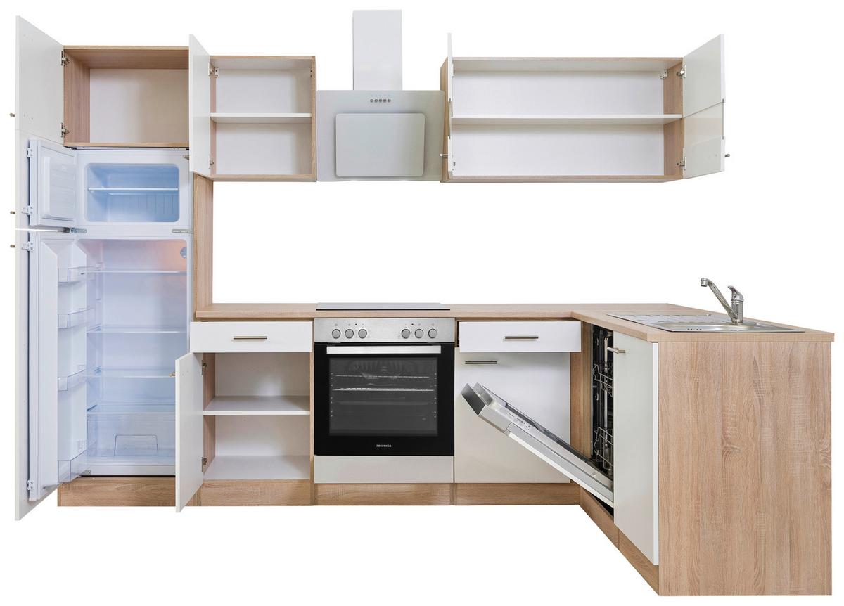 Eckküche Economy mit Geräten 172x280 cm Weiß/Eiche Dekor - Eichefarben/Weiß, Basics, Glas/Holzwerkstoff (280/172cm) - Respekta