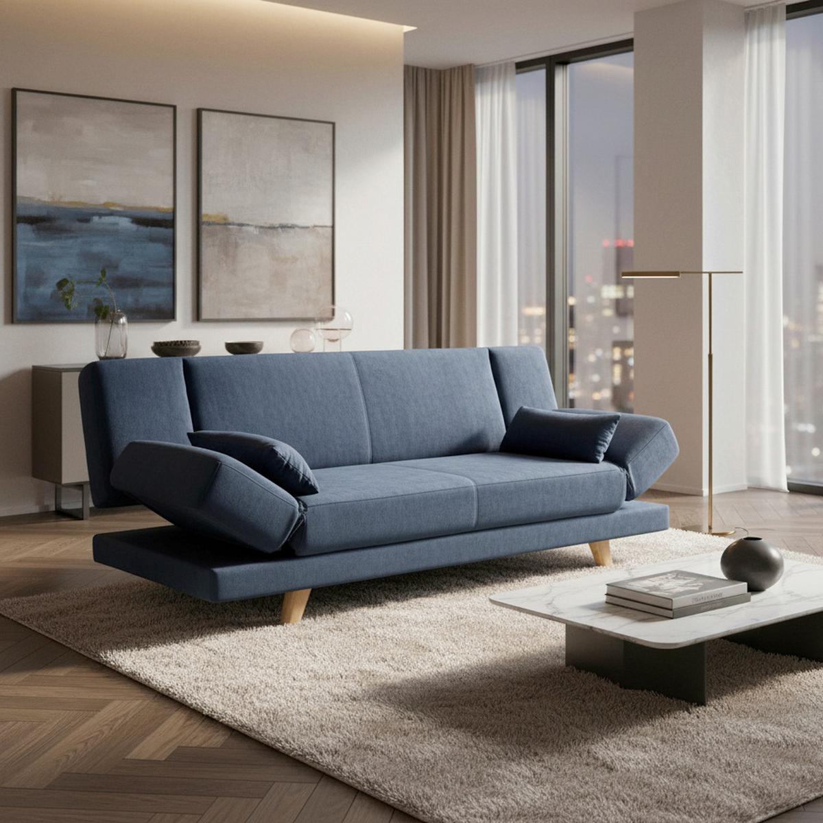 Pohovka FUNKY modrá - modrá/přírodní barvy, Moderní, dřevo/textil (183/73/79cm) - Bessagi Home