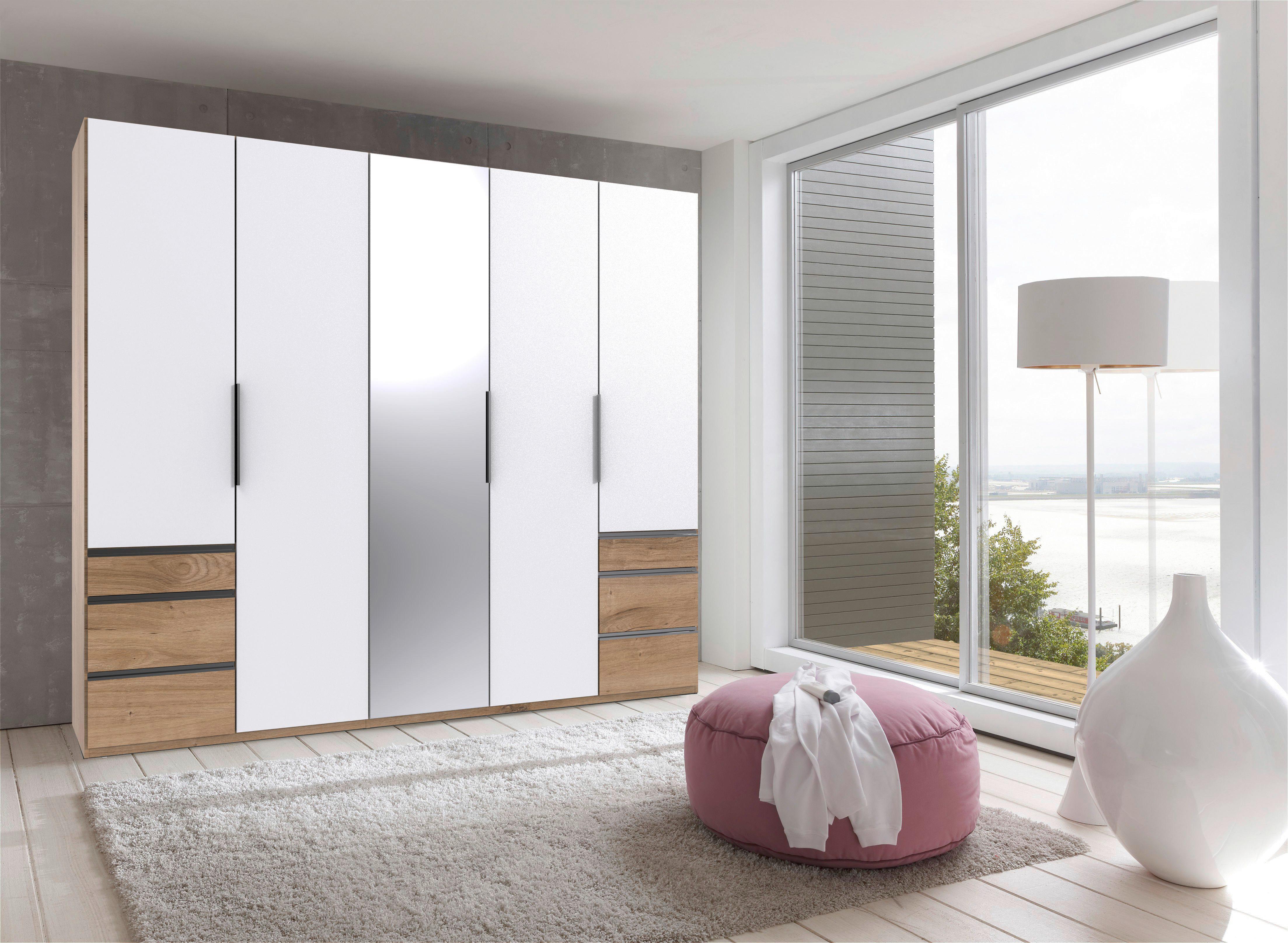 Drehtürenschrank Mit Spiegel + Laden 250cm Level 36a, Weiß - Eichefarben/Weiß, MODERN, Glas/Holzwerkstoff (250/216/58cm) - MID.YOU