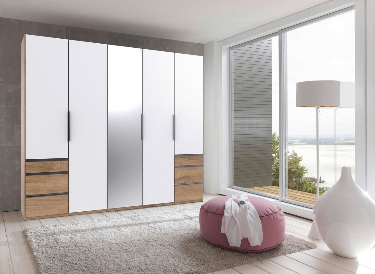 Drehtürenschrank Mit Spiegel + Laden 250cm Level 36a, Weiß - Eichefarben/Weiß, MODERN, Glas/Holzwerkstoff (250/216/58cm) - MID.YOU