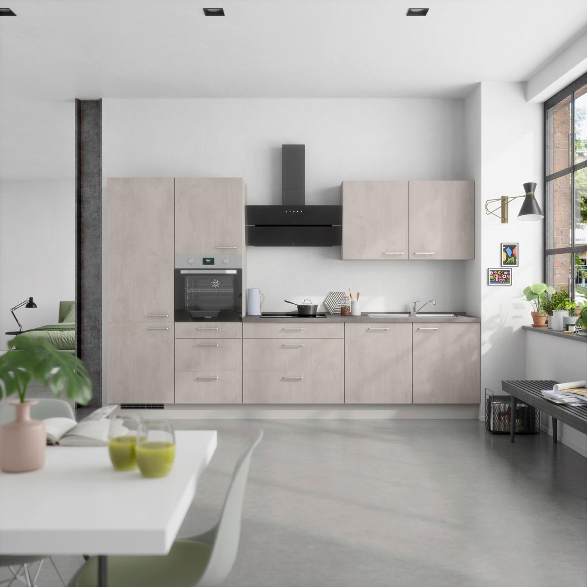 Kuchynská linka 330 cm, šedý betón/ kamenná šedá - sivá/farba ušľachtilej ocele, Modern, kov/kompozitné drevo (330cm) - Nobilia