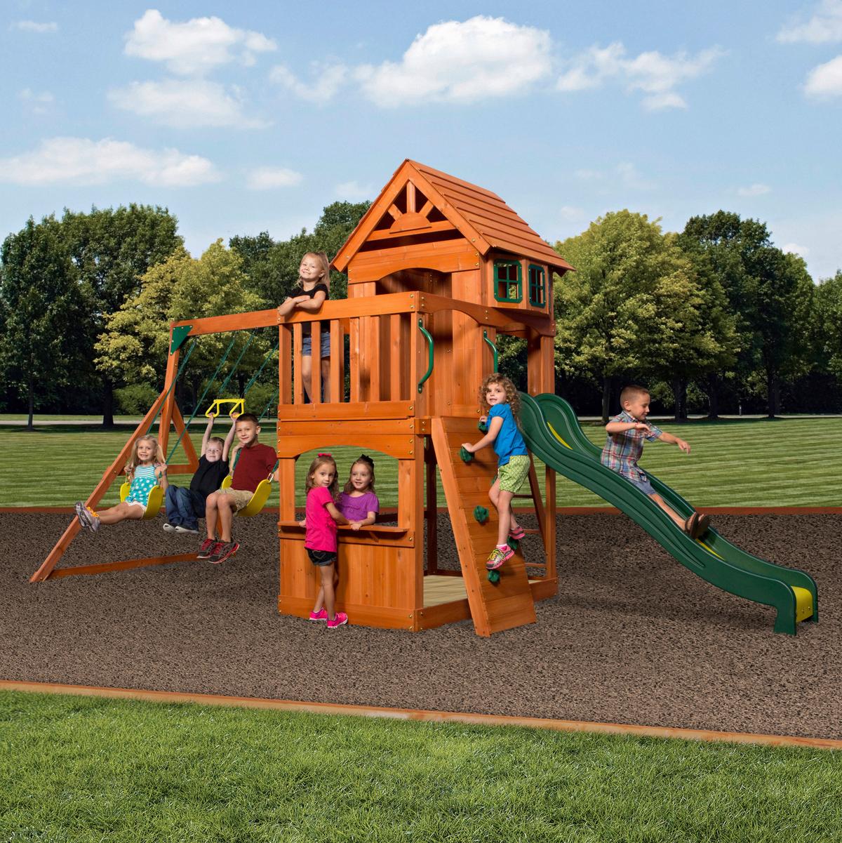 Spielturm Atlantic Aus Zedernholz Massiv - Dunkelgrün/Gelb, Basics, Holz/Kunststoff (551,2/284,5/236,2cm) - Ambia Garden