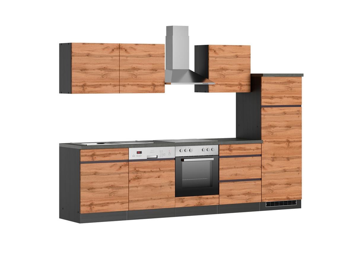 Küchenzeile Turin Mit Geräte B: 300 Cm Graphit/eiche Dekor - Eiche Wotan/Graphitfarben, Design, Holzwerkstoff (300cm) - Held