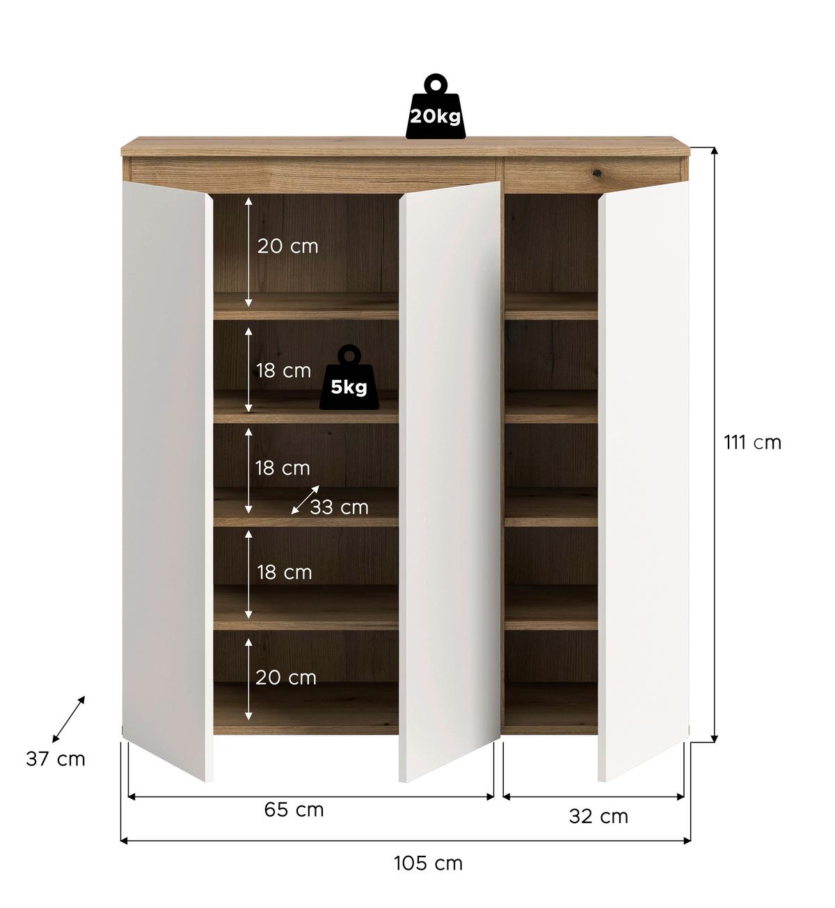 Schuhschrank Scarpa Eiche Dekor, Weiß B: 105 Cm - Eichefarben/Schwarz, Design, Holzwerkstoff (105/111/37cm) - Livetastic