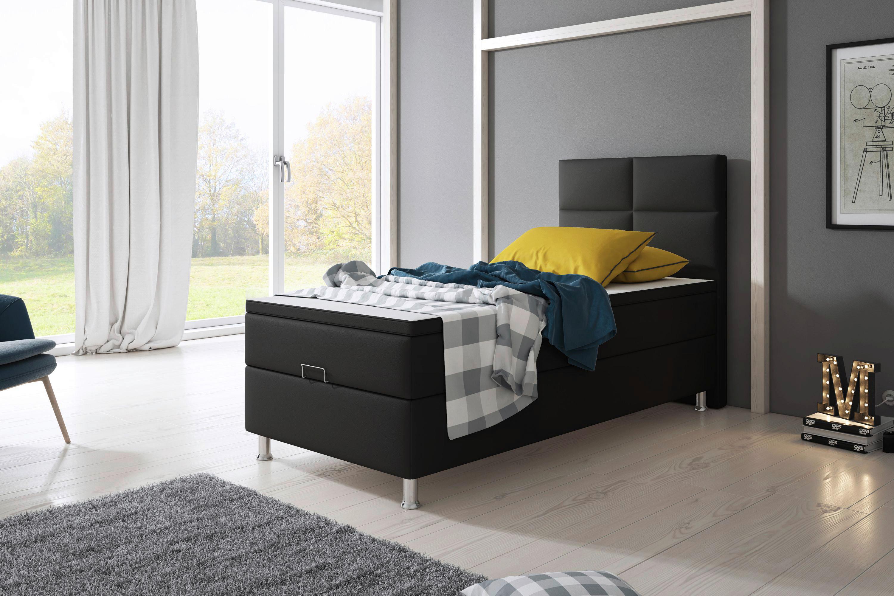 Boxspringbett mit Topper 90x200 cm Miami-Bk - Silberfarben/Schwarz, KONVENTIONELL, Leder/Textil (90/115/210cm) - MID.YOU