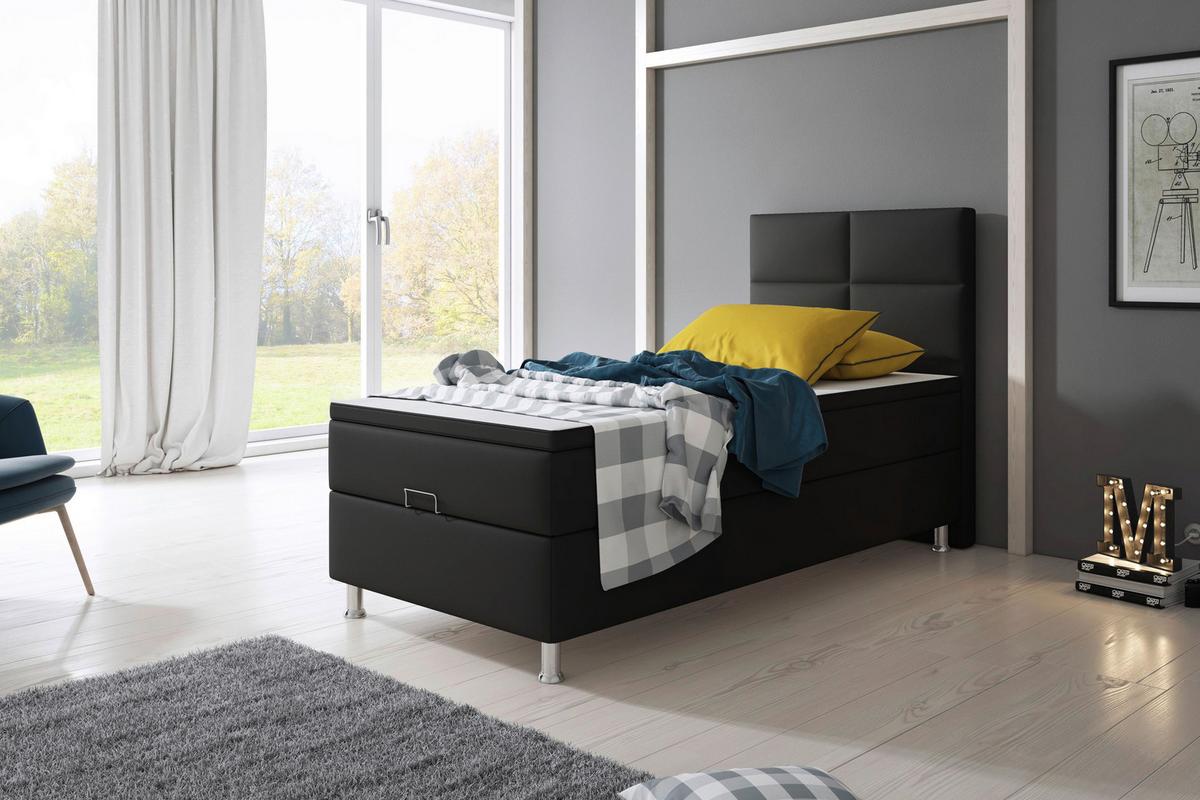 Boxspringbett Mit Topper 90x200 Cm Miami-Bk - Silberfarben/Schwarz, KONVENTIONELL, Leder/Textil (90/115/210cm) - MID.YOU