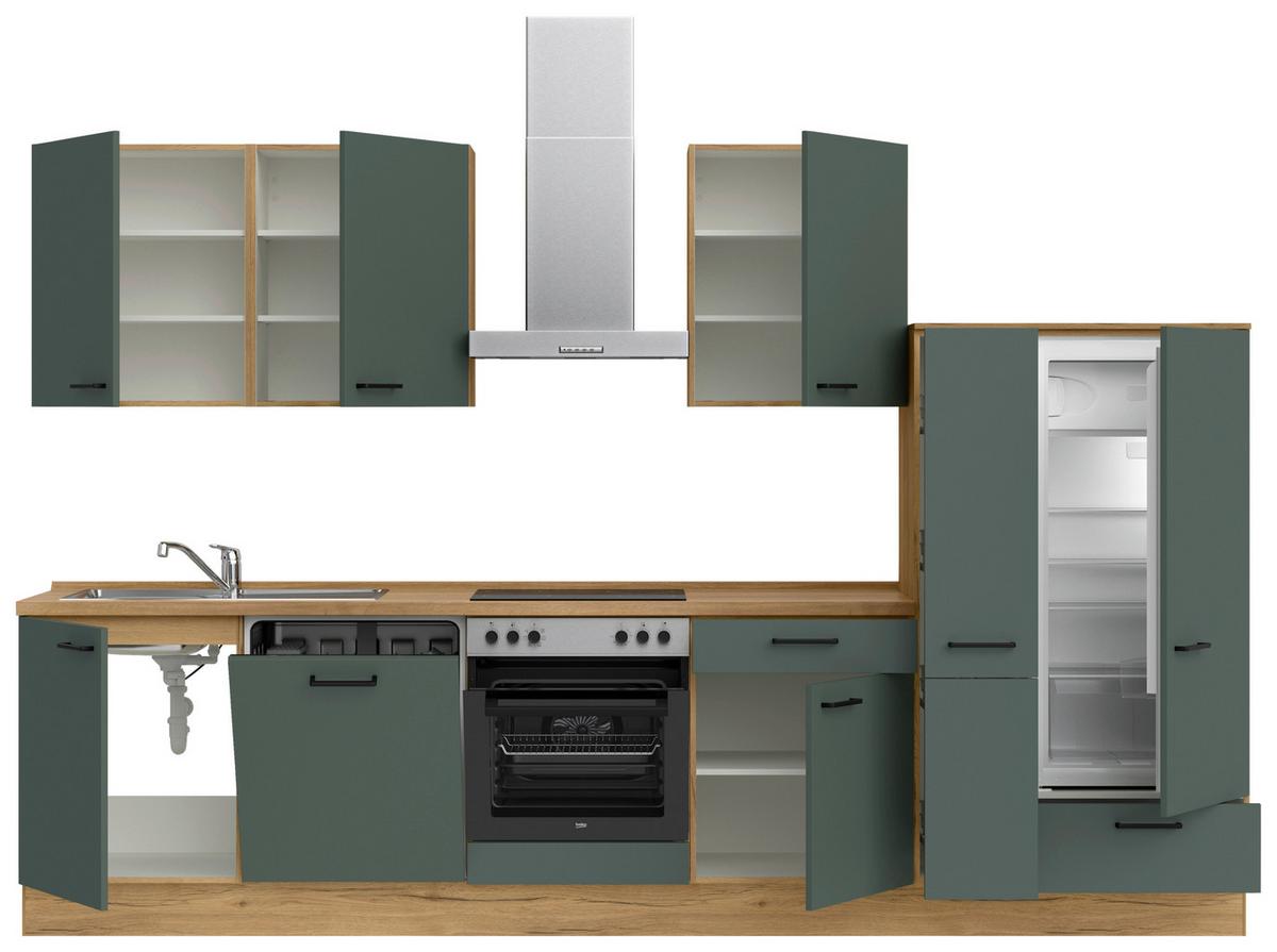 Kuchyňská linka 330 cm, minerální zelená,ultra matná - barvy dubu/černá, Moderní, kov/kompozitní dřevo (330cm) - Nobilia