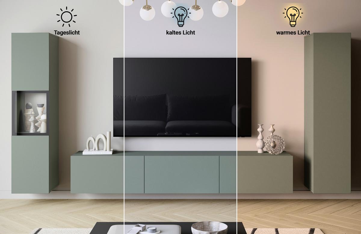 Wohnwand mit LED Berlin III Salbeigrün - Salbeigrün/Grau, Design, Glas/Holzwerkstoff (240/130/31cm) - P & B