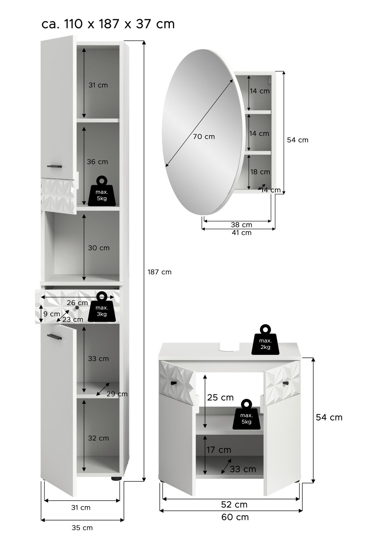 Badezimmer Prisma Weiß B: 95 Cm - Schwarz/Weiß, MODERN, Holzwerkstoff (95cm) - MID.YOU