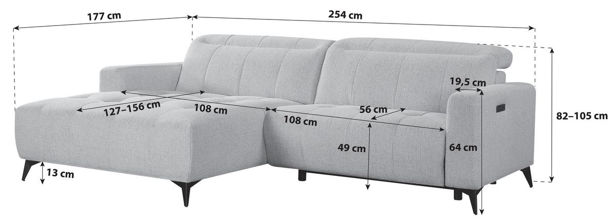 Ecksofa mit Relaxfunktion Miami Champagner 177x254 cm - Champagner/Schwarz, MODERN, Holz/Textil (177/254cm)