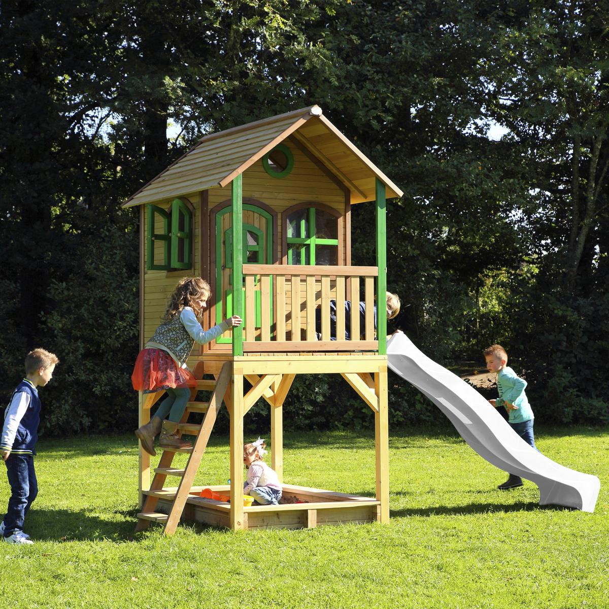 Spielhaus Sarah Braun/grün/weiß B: 370 Cm - Weiß/Braun, KONVENTIONELL, Holz (370/291/191cm) - Ambia Garden