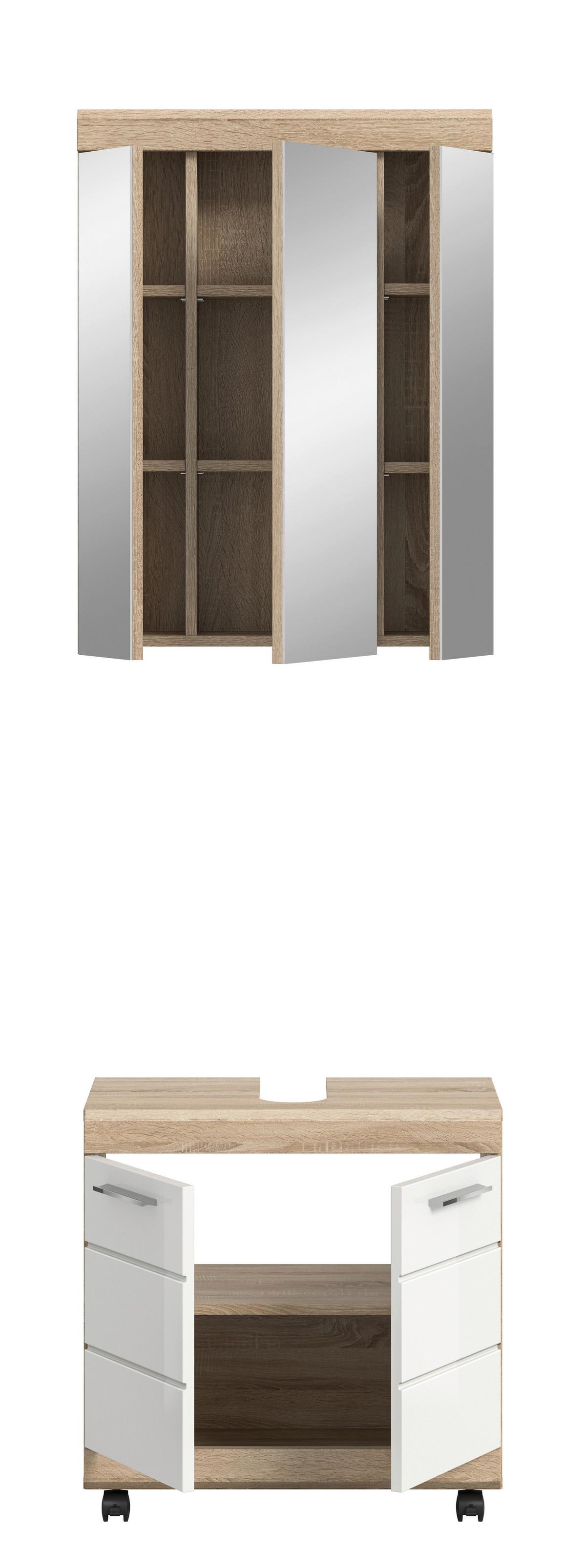 BADEZIMMER Eiche Dekor/Weiß B: 60cm - Weiß Hochglanz/Schwarz, Trend, Glas/Holzwerkstoff (60cm) - MID.YOU