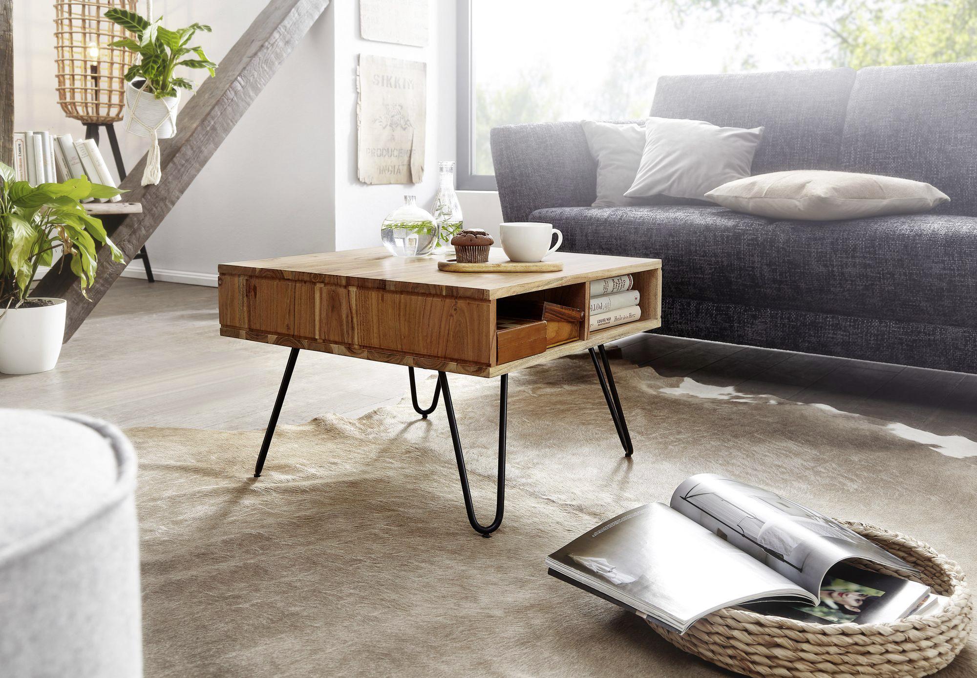 Couchtisch Holz Massiv Mit Stauraum, Akazie/schwarz