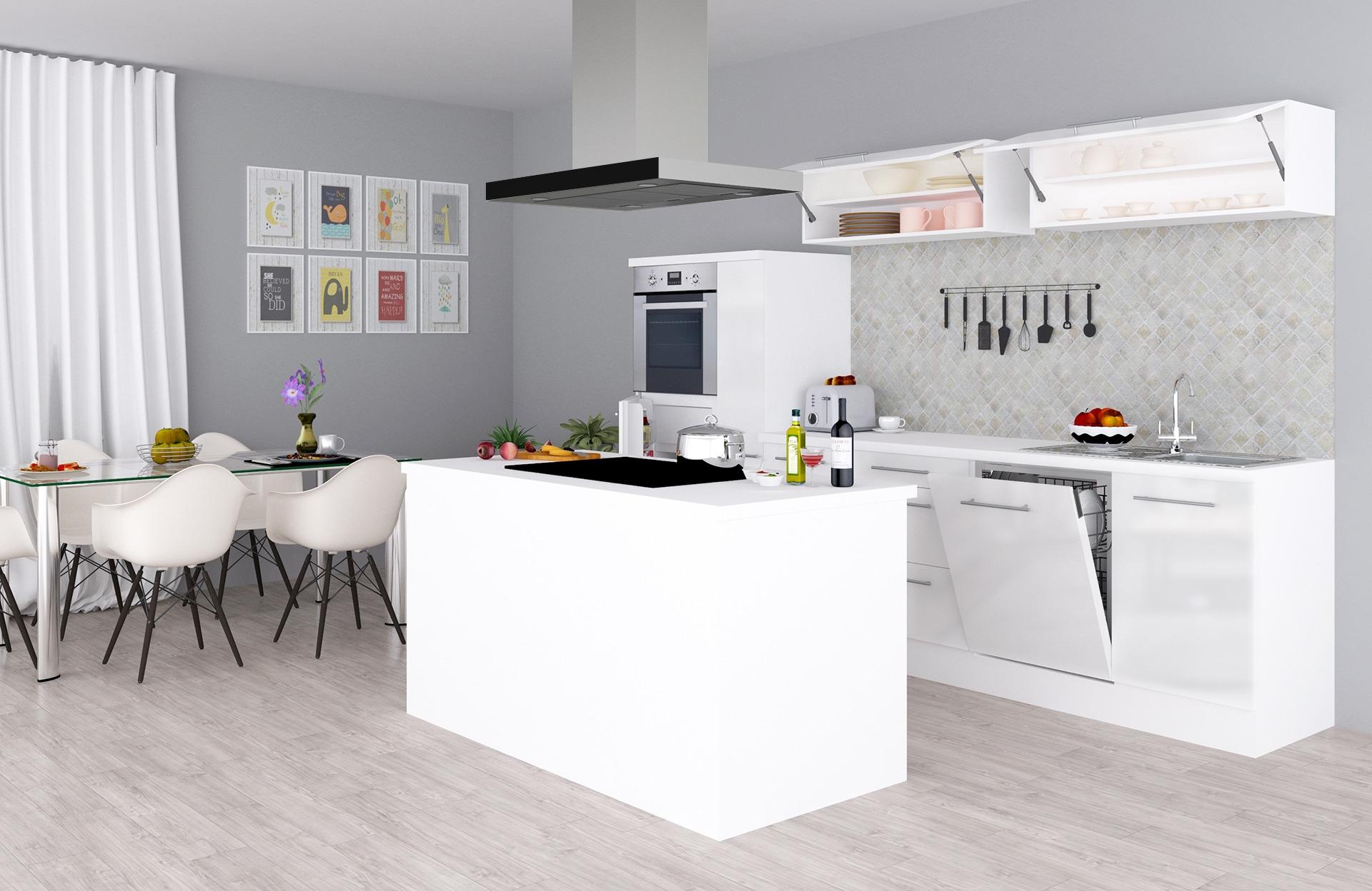 Küchenzeile mit Kochinsel Premium mit Geräten 310 cm - Weiß, MODERN, Holzwerkstoff (310cm) - Respekta
