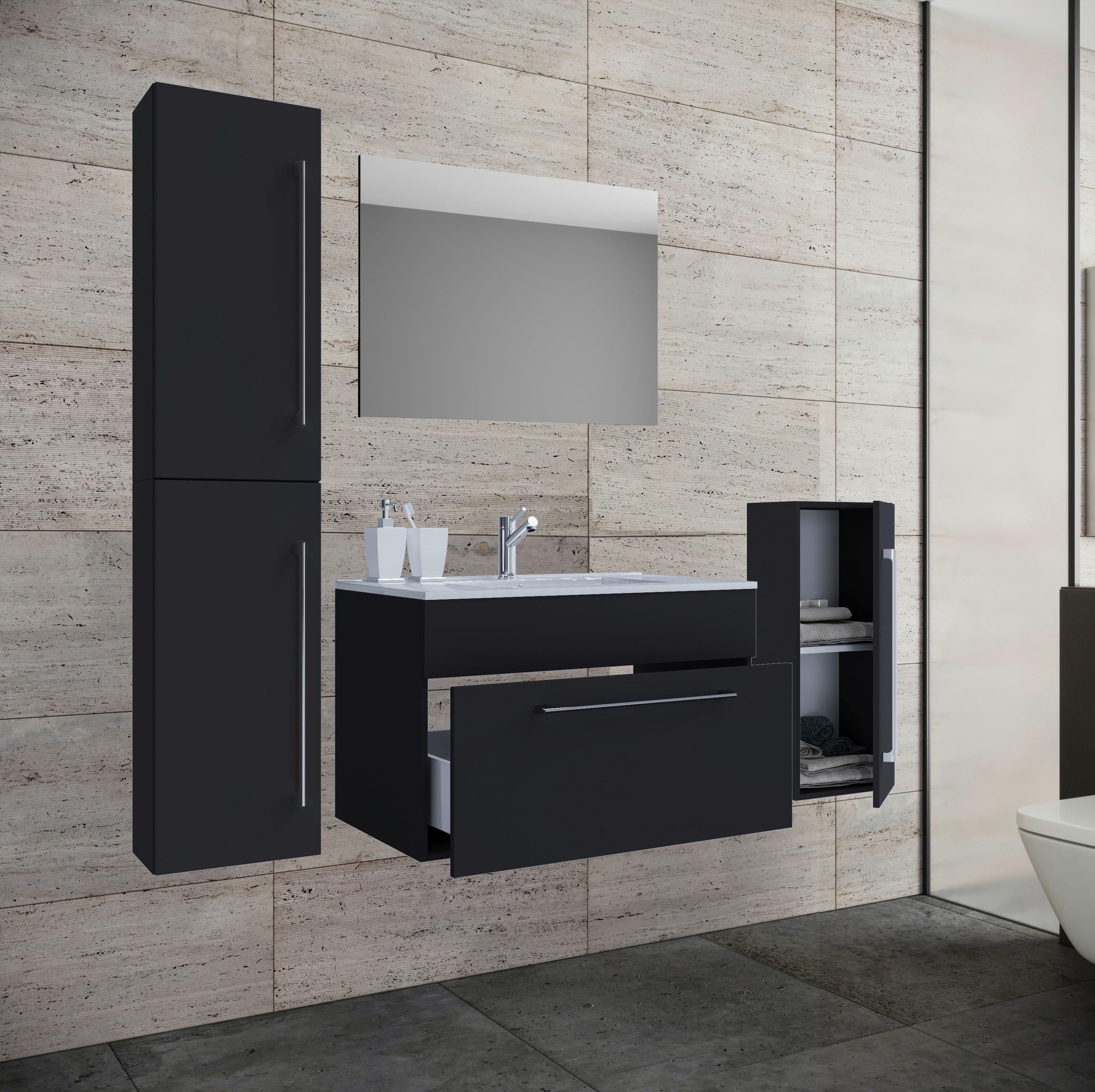 Badezimmer Badinos 5-Teilig Schwarz B: 146 cm - Schwarz/Weiß, MODERN, Keramik/Holzwerkstoff (146cm) - MID.YOU