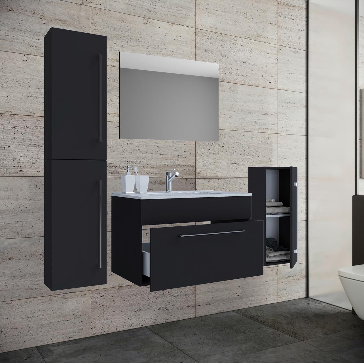 Badezimmer Badinos 5-Teilig Schwarz B: 146 cm - Schwarz/Weiß, MODERN, Keramik/Holzwerkstoff (146cm) - MID.YOU