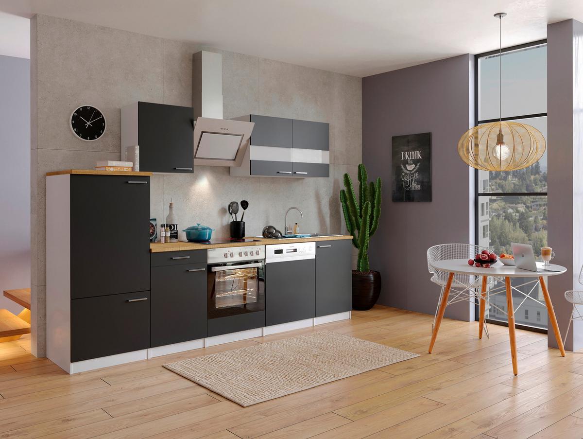 Küchenzeile Economy mit Geräten 280 cm Schwarz/Nussbaum Dekor - Nussbaumfarben/Schwarz, Basics, Holzwerkstoff (280cm) - Respekta