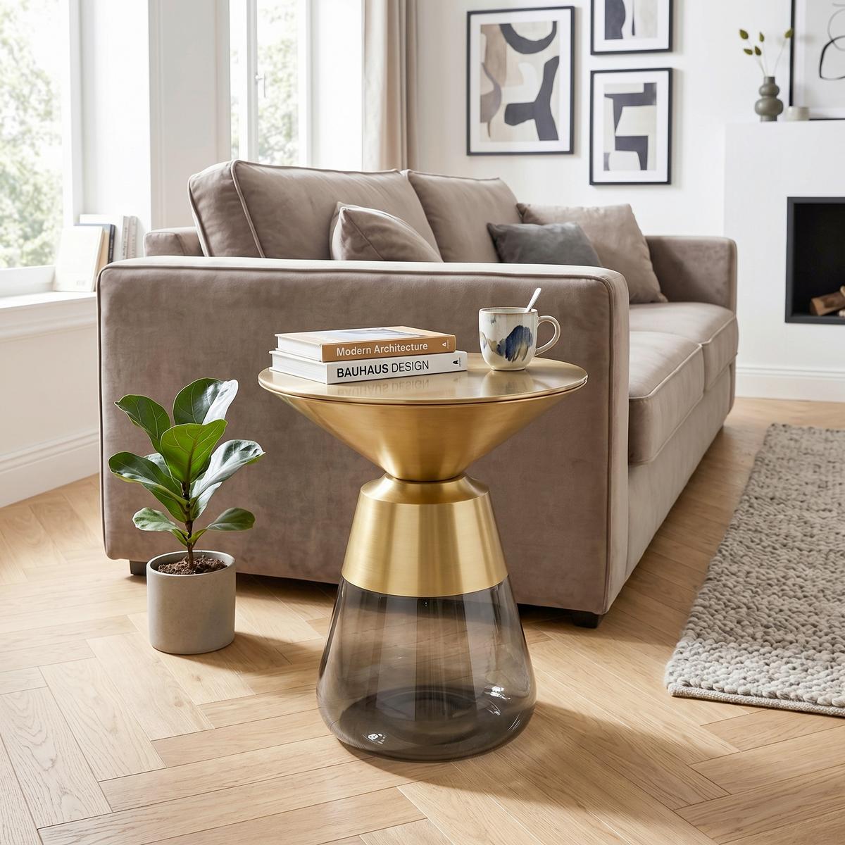 PRÍRUČNÝ STOLÍK BAILY -TREND- - sivá/zlatá, Romantik / Landhaus, kov/sklo (48/48/55cm) - Premium Living