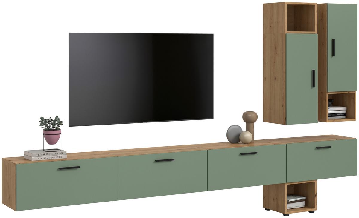 Wohnwand, The ONE 7, B: 300 cm Olivgrün/Artisan Eiche Dekor - Schwarz/Weiß, Trend, Holzwerkstoff (300/178/34cm)