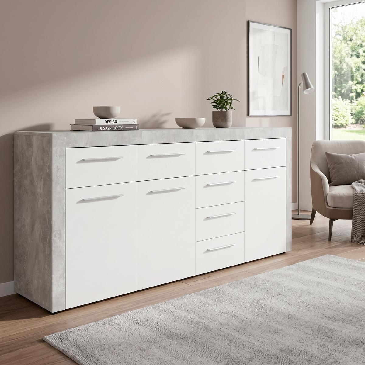 Kommode B 194cm Focus Beton Optik/Weiß - Schwarz/Weiß, MODERN, Holzwerkstoff (194/86/45cm)