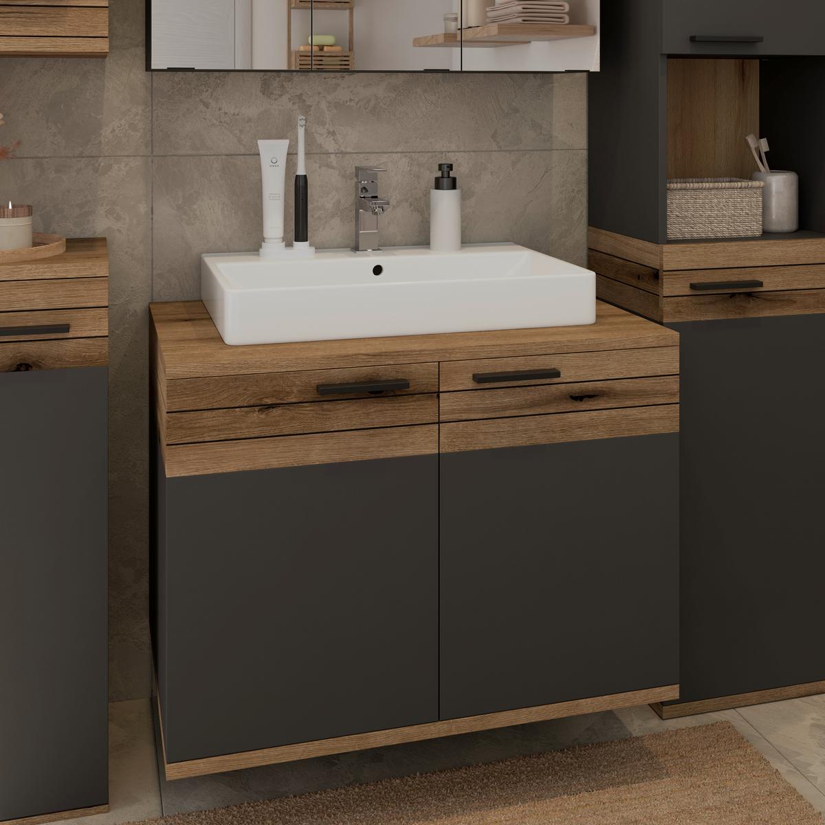 Waschbecken mit Unterschrank Cotia Catlu B: 80 cm - Eichefarben/Anthrazit, MODERN, Keramik/Holzwerkstoff (80/57/48cm) - James Wood