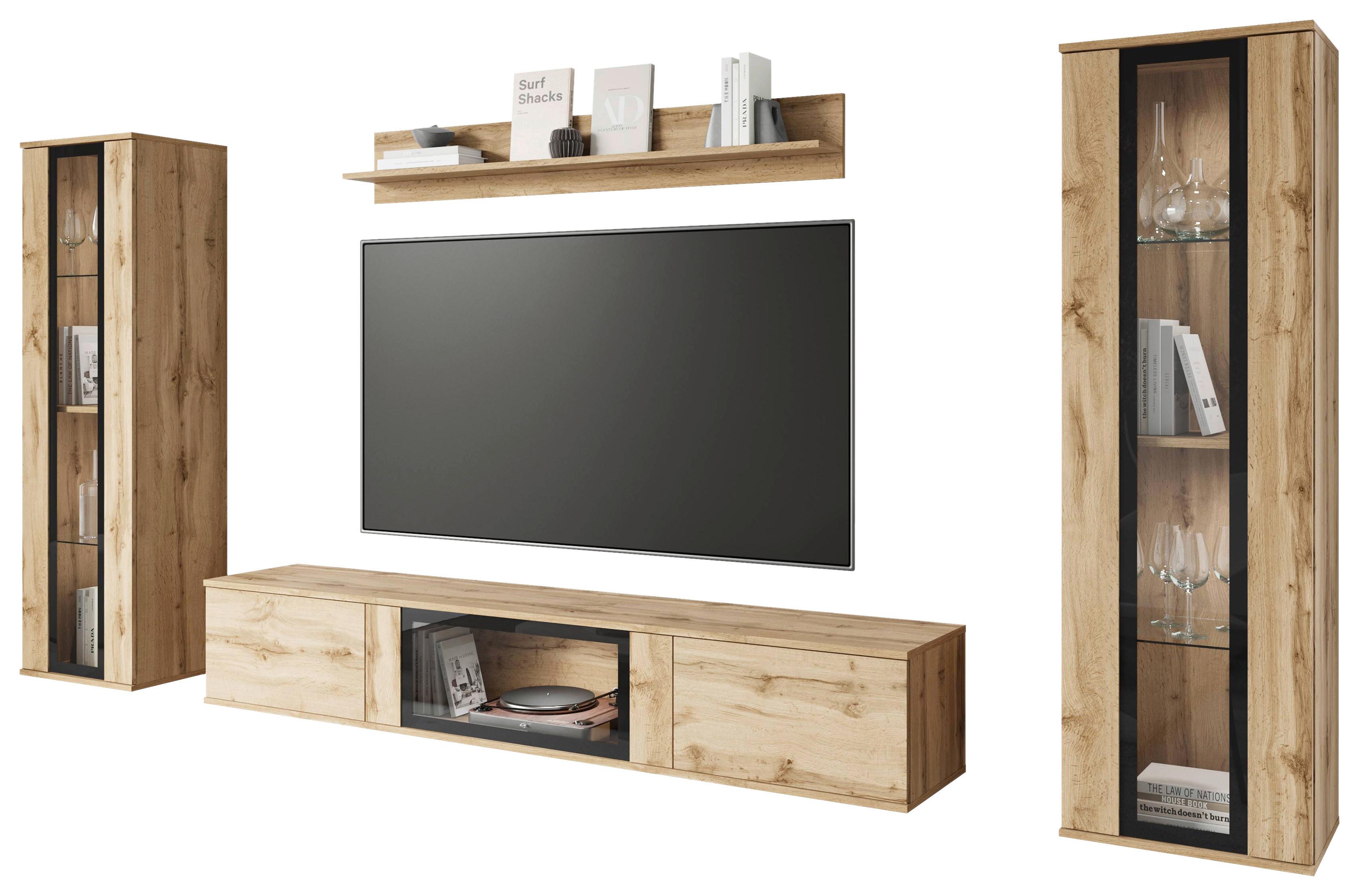 Wohnwand Caro Wotan Eiche Dekor B: 262 cm - Eiche Wotan/Schwarz, Trend, Glas/Holzwerkstoff (262/141,9/33cm)