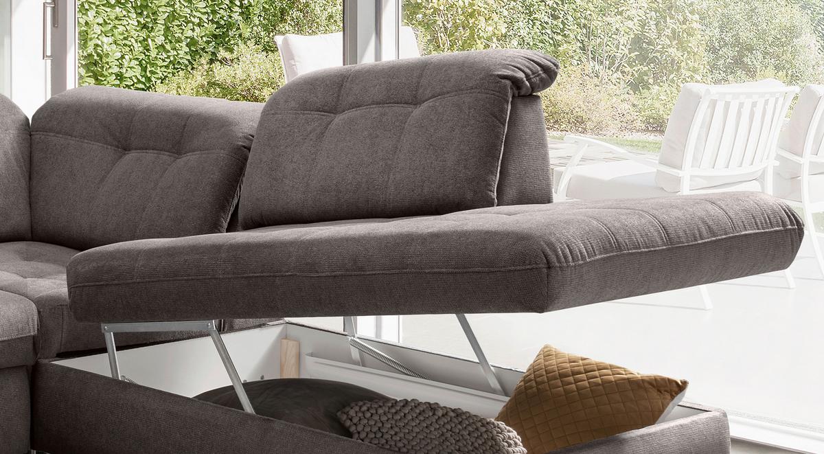 Wohnlandschaft mit Bettkasten Rigatti Graubraun B: 387 cm - Graubraun/Schwarz, MODERN, Textil (184/387/252cm) - Livetastic