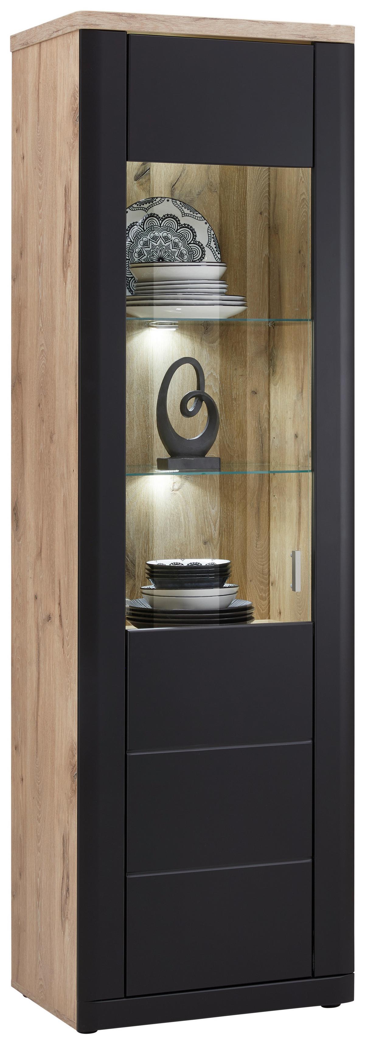 Vitrine Game B: 61 cm Schwarz Matt/Eiche Dekor - MODERN, Glas/Holzwerkstoff (61/204/41cm)