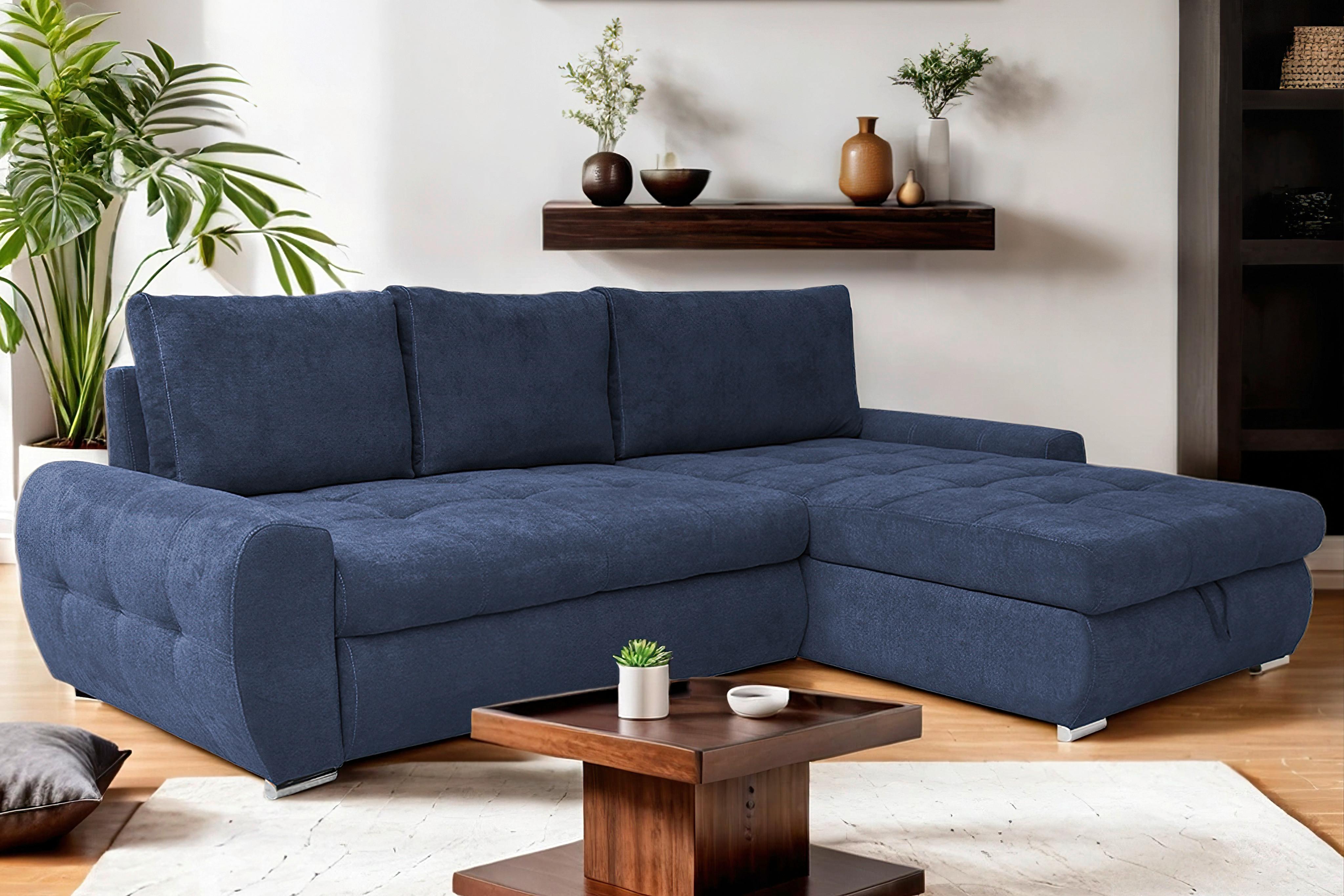Ecksofa Mit Schlaffunktion Solar Dunkelblau 277x175 Cm - Chromfarben/Dunkelblau, Design, Textil (277/175cm) - Livetastic