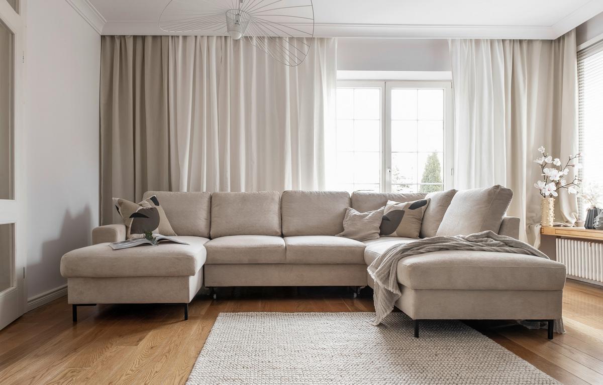 Sedačka LEONIE U, pravá, béžový menčester - čierna/béžová, Design, kov/drevo (148/303/197cm)