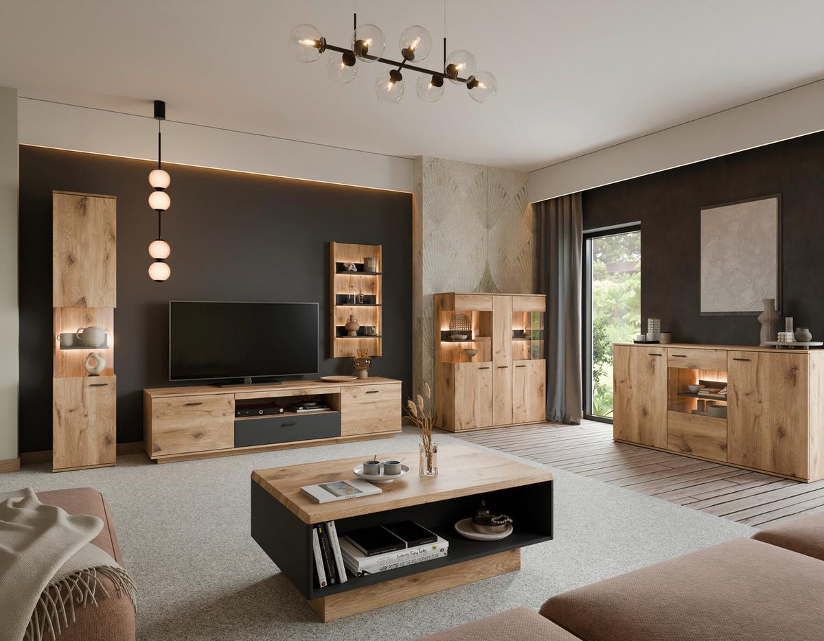 Kommode Pardoo Eichefarben/Anthrazit B: 160cm - Eichefarben/Anthrazit, Trend, Glas/Holzwerkstoff (160/86,9/50cm)