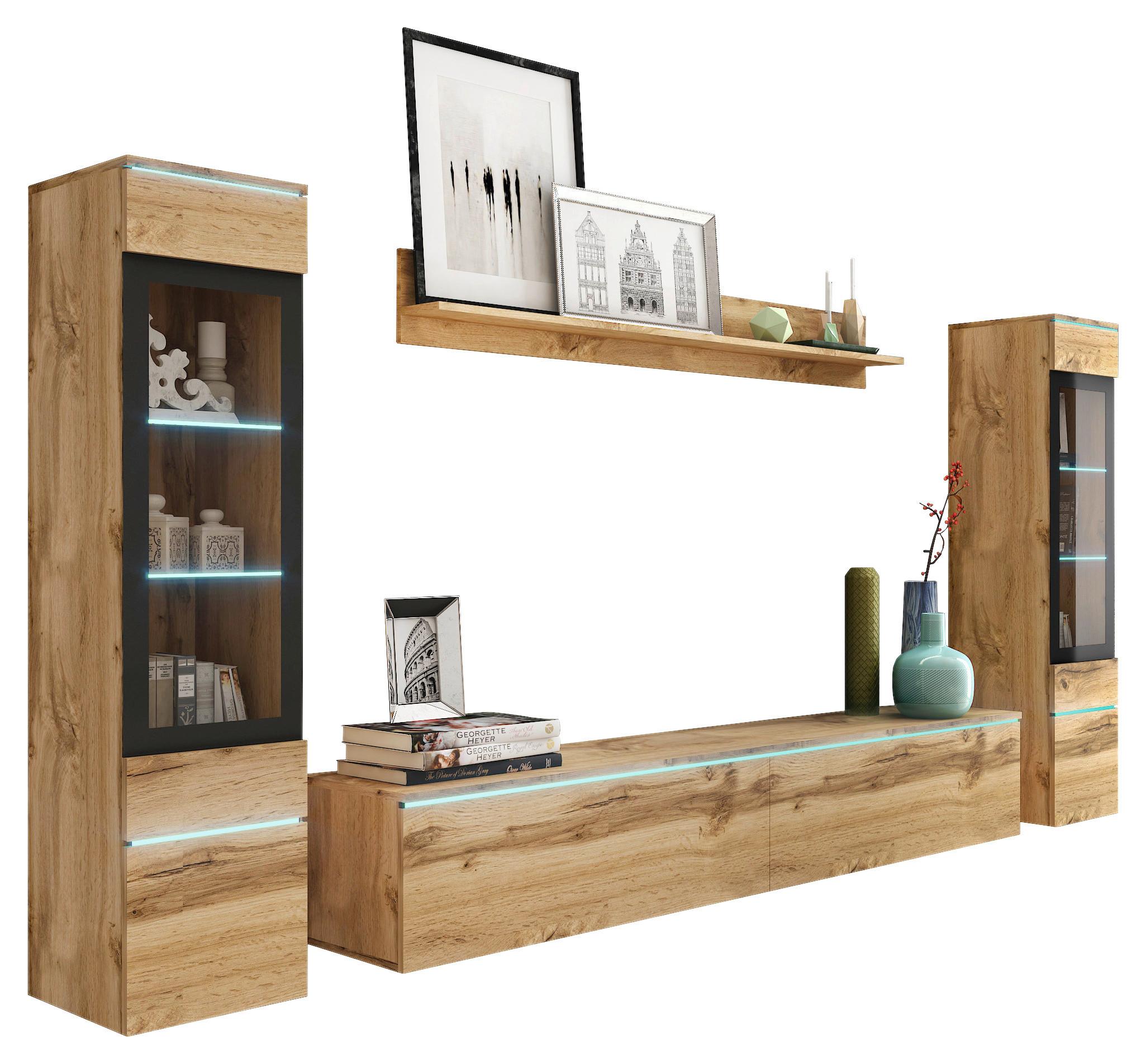 Wohnkombination 4-Tlg. mit Led Vera Eiche Dekor - Eiche Wotan/Grau, LIFESTYLE, Glas/Holzwerkstoff (240/130/33cm) - P & B